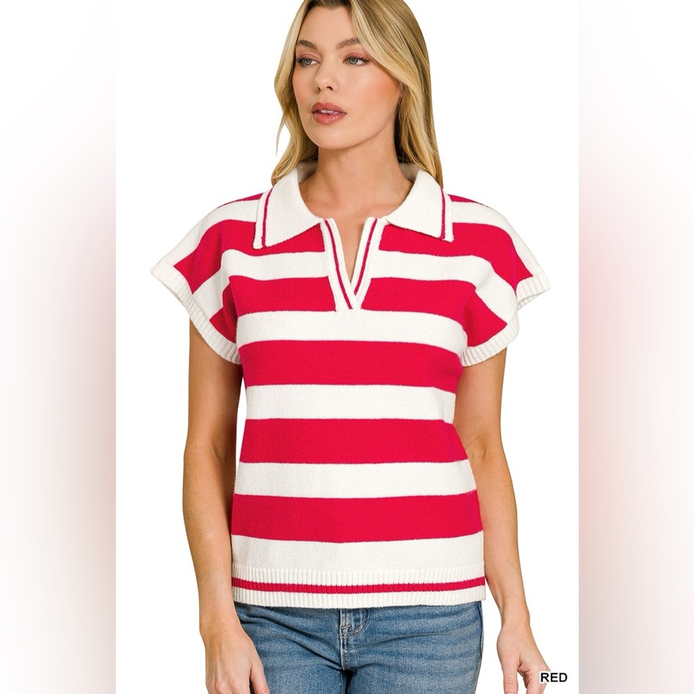 Zenana Striped Collared Short Sleeve Sweater